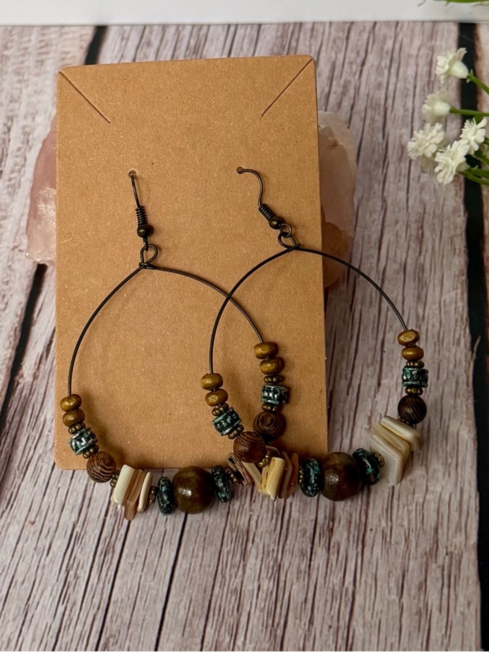 Boho Brown Beaded Hoop Earrings - Natural Tone